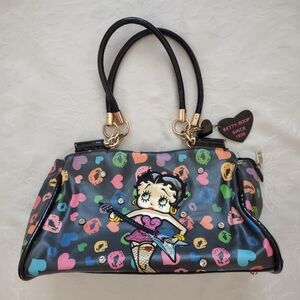 Rare Betty Boop with guitar black multi color hearts lips hang tags patent